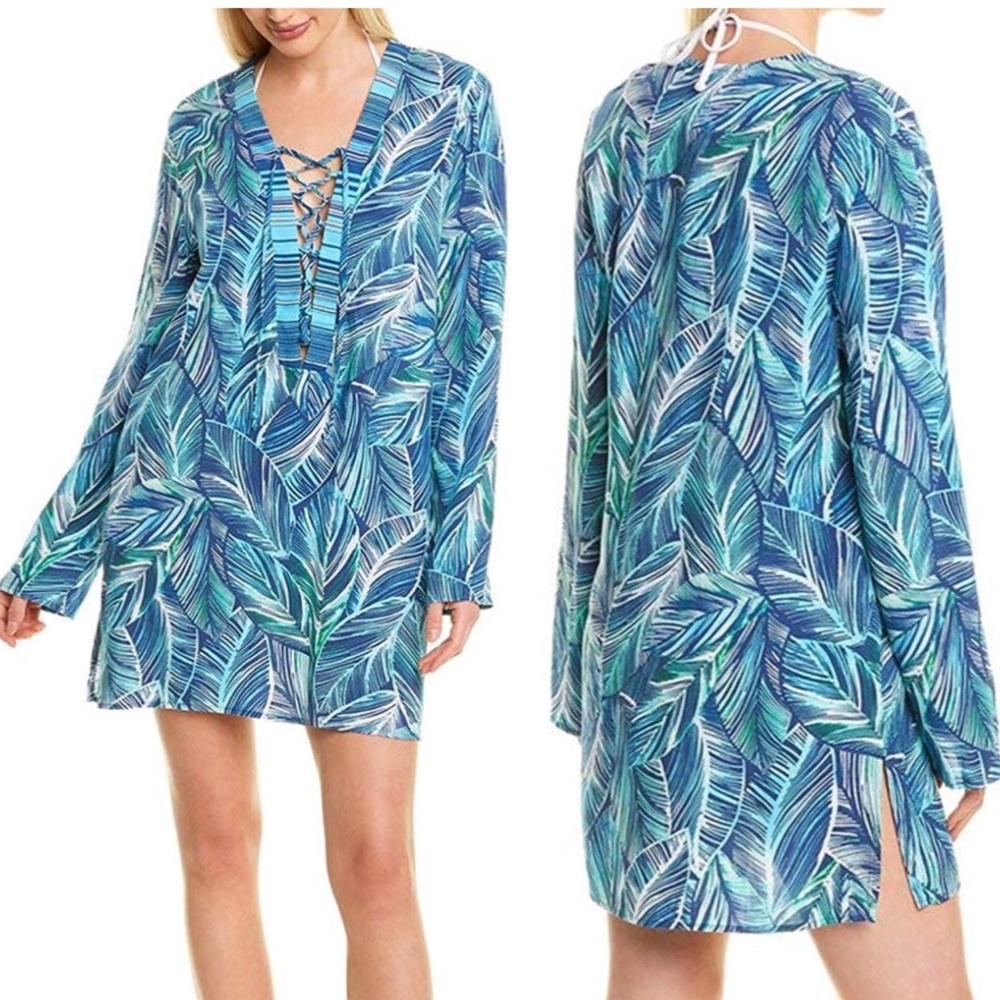 LA BLANCA NWT Sketched Leaves Tunic Long Sleeve Swim Cover Up Small